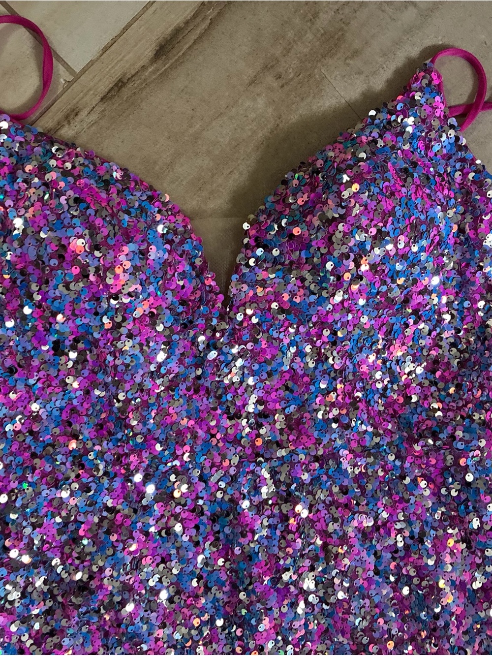 Shimmering Pink-Purple Sequin V-Neck Prom Dress - Picture 5 of 11